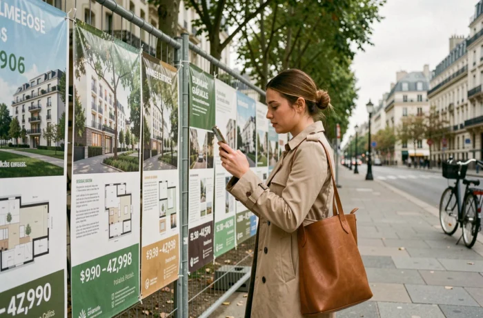 Jeune femme devant un chantier immobilier neuf en France consultant les prix et plans affichés