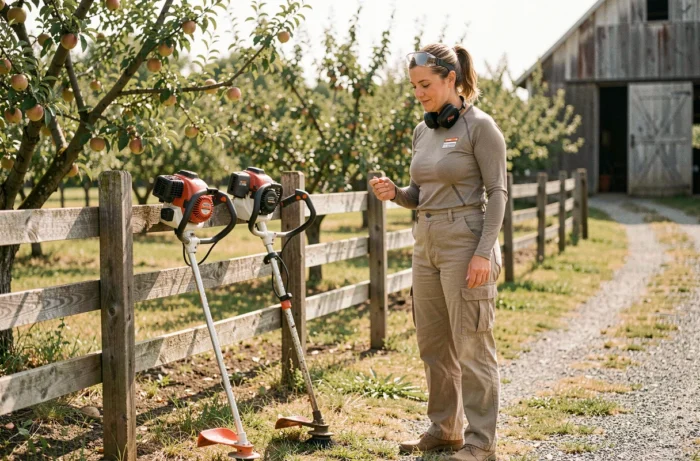 Femme comparant deux modèles de débroussailleuses thermiques dans un verger en fin d'été