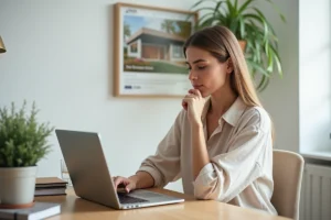 Femme comparant des plateformes de location immobilière comme SeLoger et 123Loger sur un ordinateur portable dans un bureau à domicile moderne
