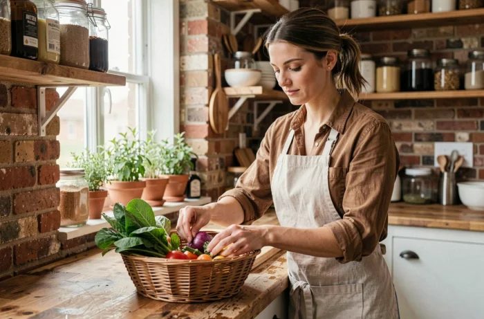 Femme triant des légumes frais dans une cuisine écologique avec des rangements en vrac et des herbes aromatiques
