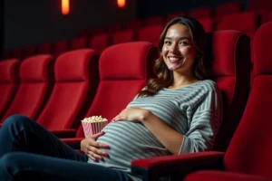 Femme enceinte assise confortablement dans un fauteuil de cinéma rouge, tenant un sachet de popcorn et souriant sereinement