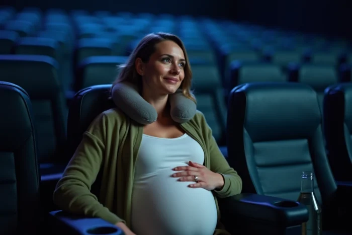 Femme enceinte installée dans un siège de cinéma avec un coussin lombaire et une bouteille d'eau pour plus de confort