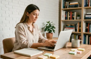 Femme entrepreneur travaillant sur son blog depuis son bureau à domicile pour développer un business rentable