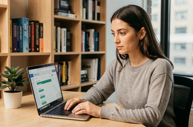 Femme concentrée suivant une formation en ligne sur son ordinateur portable dans un bureau à domicile moderne