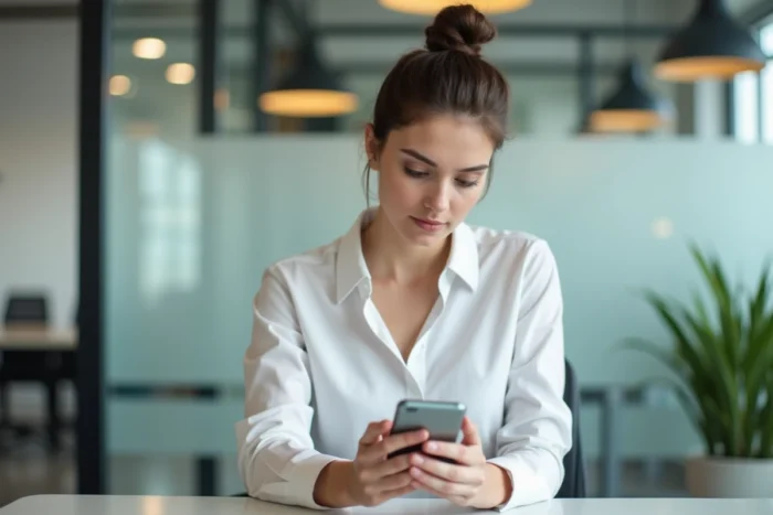 Femme consultant un guide sur smartphone pour résoudre un problème de connexion à Gozmap