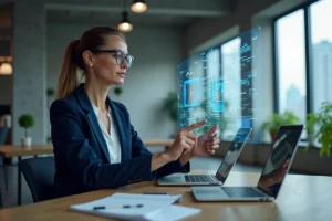 Femme professionnelle travaillant sur des interfaces numériques dans un bureau moderne, symbolisant la transition numérique et la renaissance technologique