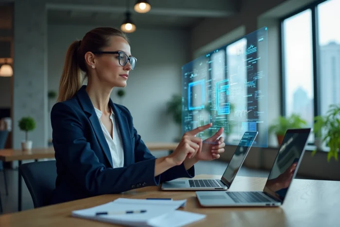 Femme professionnelle travaillant sur des interfaces numériques dans un bureau moderne, symbolisant la transition numérique et la renaissance technologique