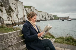 Femme lisant un journal local sur la promenade côtière normande avec falaises de craie en arrière-plan