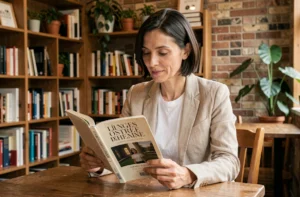 Femme lisant une revue culturelle indépendante dans un café littéraire parisien