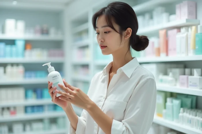 Femme en magasin lisant l'étiquette d'un produit de soin pour faire les meilleurs choix beauté tendance