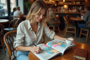 Femme consultant un magazine de voyage Epershand dans un café parisien pour préparer son prochain voyage