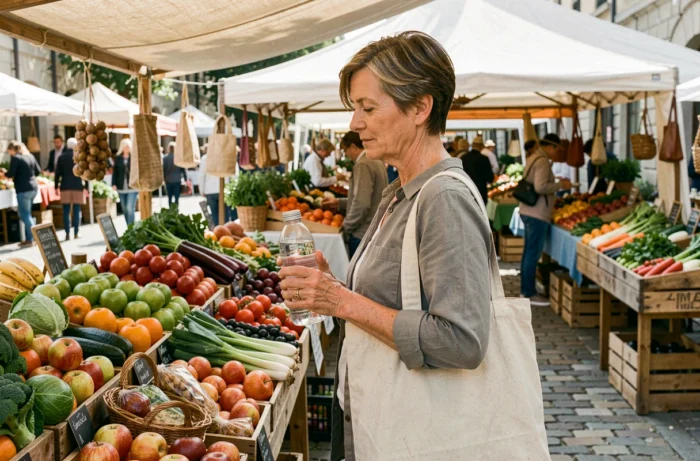 Femme au marché local avec sac réutilisable et gourde en verre achetant des produits biologiques