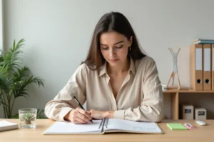 Femme organisée écrivant dans un agenda papier sur un bureau en bois rangé avec des notes colorées et un cactus