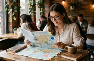 Femme consultant une carte du monde dans un café pour organiser un voyage autour du monde