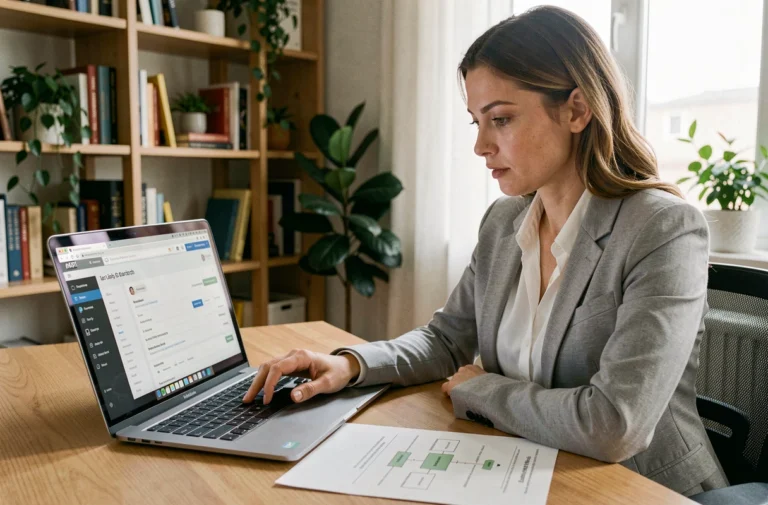 Femme consultant un plan de site web pour trouver un emploi en ligne depuis son bureau à domicile