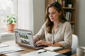 Femme cherchant un bien immobilier en ligne sur un ordinateur portable dans un bureau à domicile