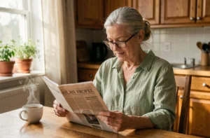 Femme retraitée lisant le journal à sa table de cuisine avec une tasse de thé, ambiance matinale chaleureuse
