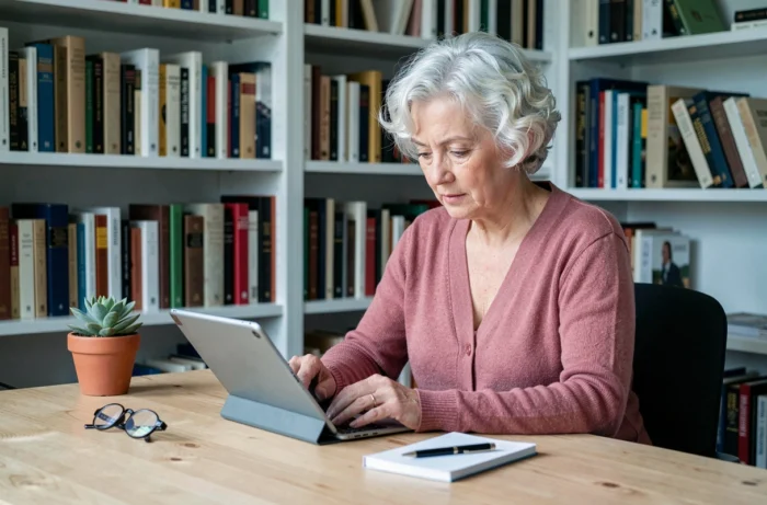 Femme retraitée utilisant une tablette numérique dans son bureau à domicile entouré de livres