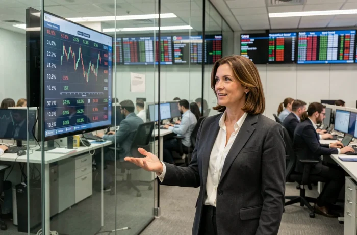 Femme d'affaires expliquant des indices boursiers sur un écran dans une salle de trading