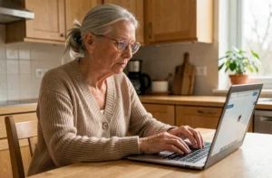 Femme senior naviguant sur un site web depuis son ordinateur portable dans une cuisine chaleureuse