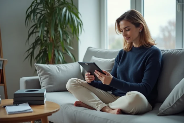 Femme consultant une liste de tâches sur une tablette depuis un salon calme et bien rangé pour mieux s'organiser