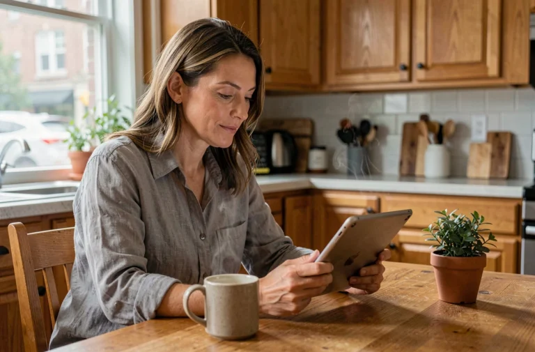 Femme utilisant une tablette numérique dans sa cuisine moderne, illustrant l'intégration du numérique dans le quotidien