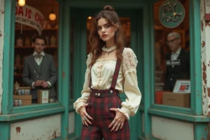 Jeune femme en tenue alternative inspirée de l'ère victorienne devant une boutique vintage, style mode alternative unique