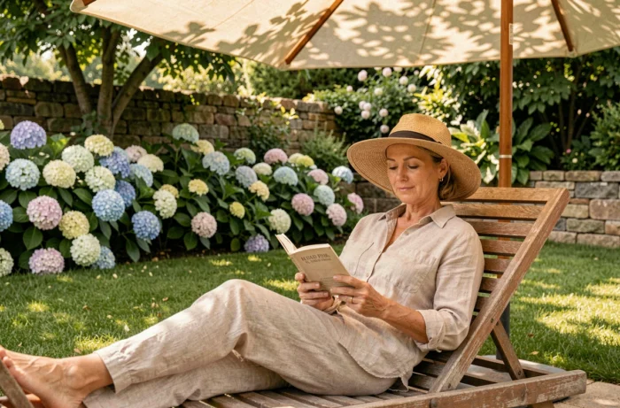 Femme se relaxant sur un transat en bois dans un jardin fleuri sous un parasol en toile, lisant un livre par une journée estivale