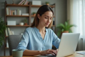 Femme gérant un virement bancaire en ligne depuis son bureau à domicile via une interface Logitel