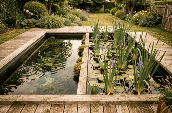 Système de filtration naturelle par lagunage avec zone de baignade et zone de phytoépuration plantée de roseaux et d'iris, bassin naturel écologique