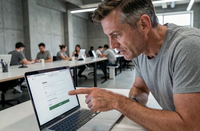Homme pointant un formulaire en ligne avec des champs d'adresse distincts pour la voie, le complément et la localité