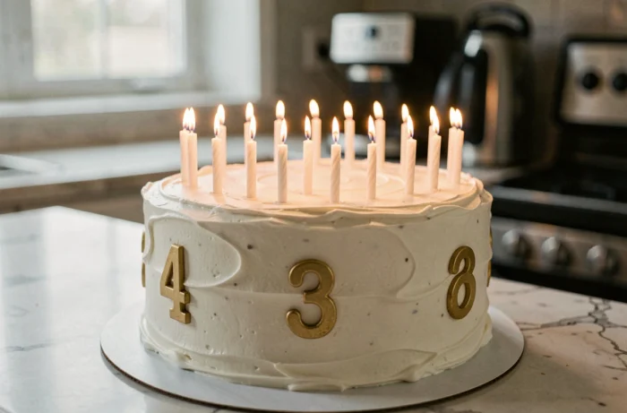 Gâteau d'anniversaire avec 60 bougies allumées en rangées ordonnées sur un plan de travail en marbre