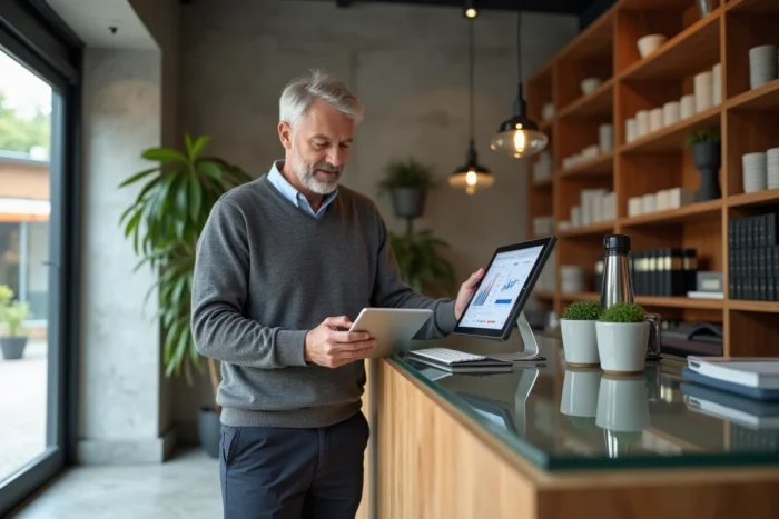 Gérant de petite boutique consultant son outil de gestion sur tablette numérique dans son commerce