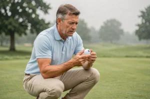 Golfeur examinant une balle de golf GPS localisable sur un fairway verdoyant