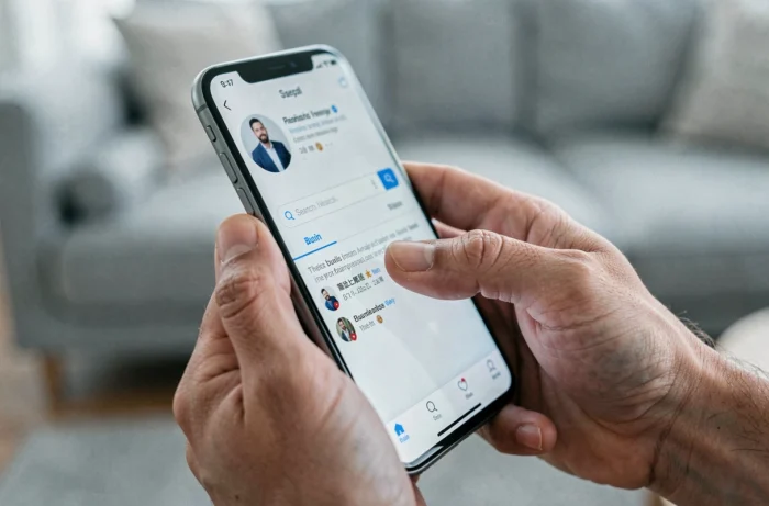 Gros plan de mains tenant un smartphone avec une interface de recherche de profil Instagram à l'écran
