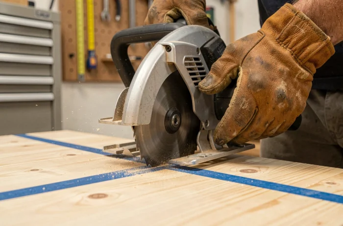 Gros plan sur les mains d'un artisan guidant une scie circulaire le long d'une ligne de coupe bleue sur une planche en pin dans un atelier garage bien organisé