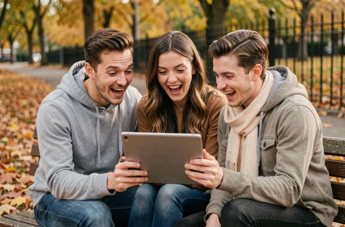 Groupe de jeunes adultes réagissant avec surprise aux actualités insolites et tendances sur une tablette dans un parc en automne