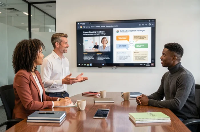 Groupe de professionnels en réunion analysant des options de formation pour développer leurs compétences professionnelles
