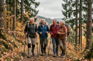 Groupe de seniors célibataires en randonnée en forêt automnale, souriants et complices sur un sentier couvert de feuilles colorées