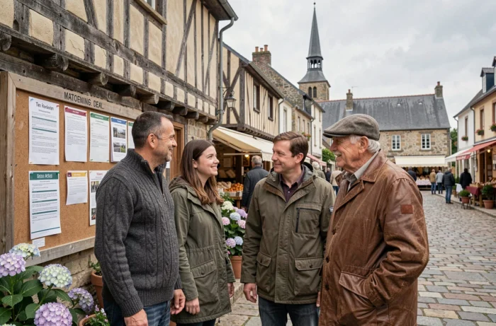 Habitants normands rassemblés autour d'un panneau d'affichage communautaire dans une place de village typique