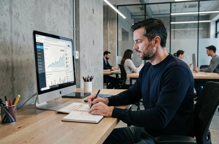 Homme analysant les statistiques de son blog dans un espace de coworking pour optimiser sa stratégie de monétisation