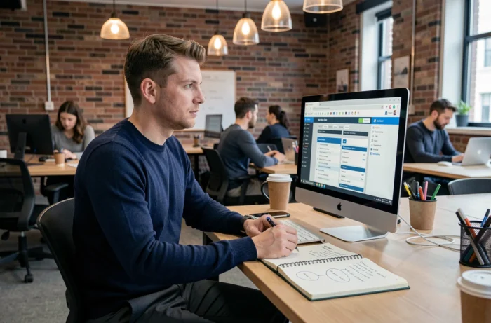 Homme prenant des notes en analysant la structure d'un portail d'emploi en ligne dans un espace de coworking