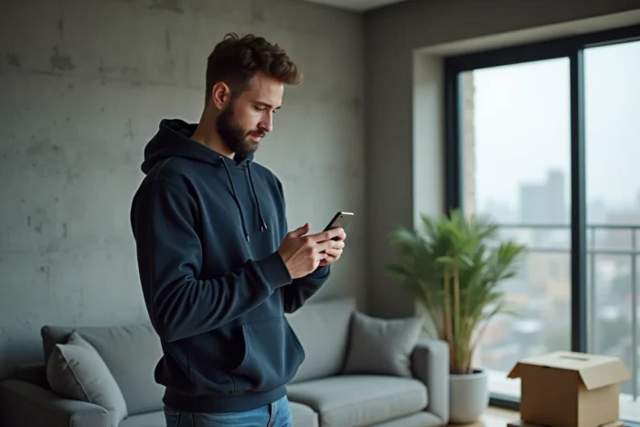 Jeune homme consultant une application de recherche de location immobilière sur smartphone dans un appartement urbain minimaliste