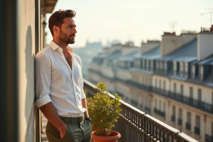 Homme élégant appuyé sur un balcon haussmannien parisien avec vue sur les toits, expression sereine et décontractée
