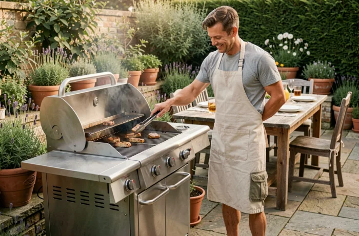 Homme en tablier utilisant un barbecue en acier inoxydable sur une terrasse en pierre avec une table de jardin dressée et des plantes aromatiques