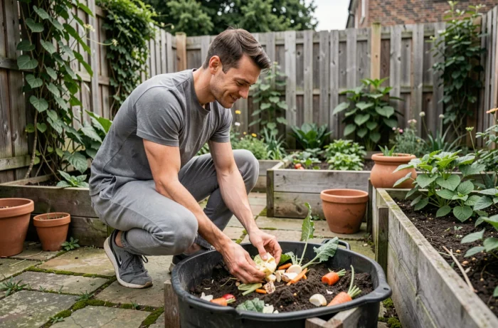 Homme pratiquant le compostage dans un jardin urbain avec bacs de culture et végétation naturelle