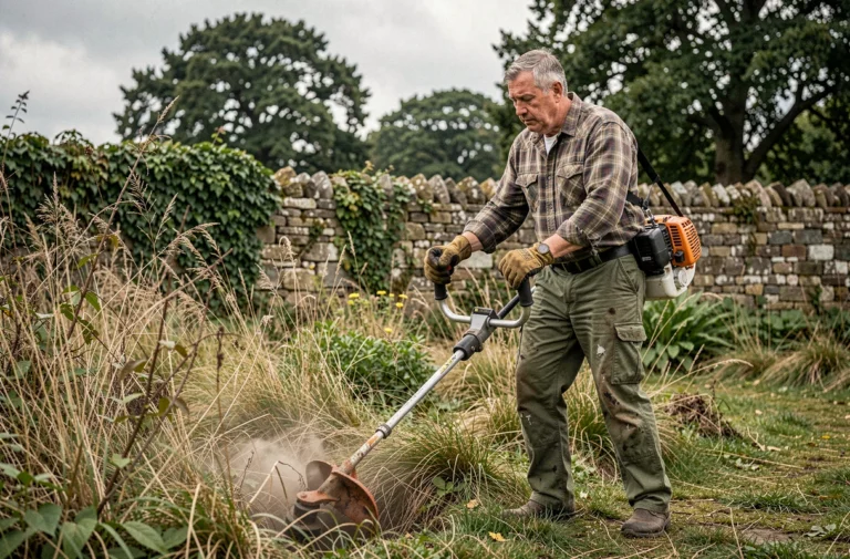 Homme utilisant une débroussailleuse thermique dans un jardin envahi par les herbes hautes et les ronces