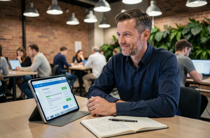 Homme professionnel prenant des notes lors d'une formation certifiante en ligne dans un espace de coworking