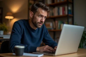 Homme frustré devant son ordinateur portable tentant de récupérer l'accès à son compte Gozmap