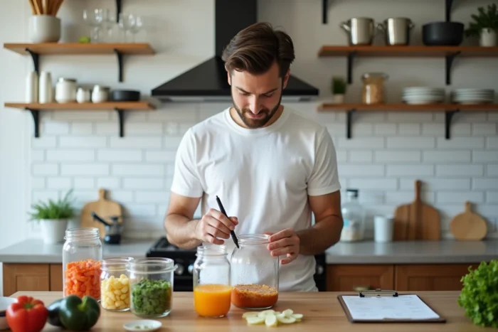Homme préparant ses repas de la semaine dans une cuisine moderne et bien organisée avec des contenants étiquetés